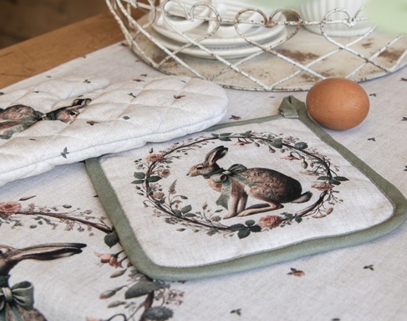 Presina da cucina in cotone decorato con lepre con fiocco verde in ghirlanda, perfetto come regalo di Pasqua